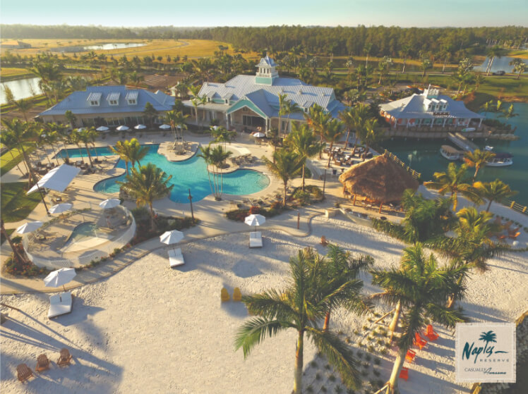 Aerial shot of Naples Reserve Clubhouse, pool and beach